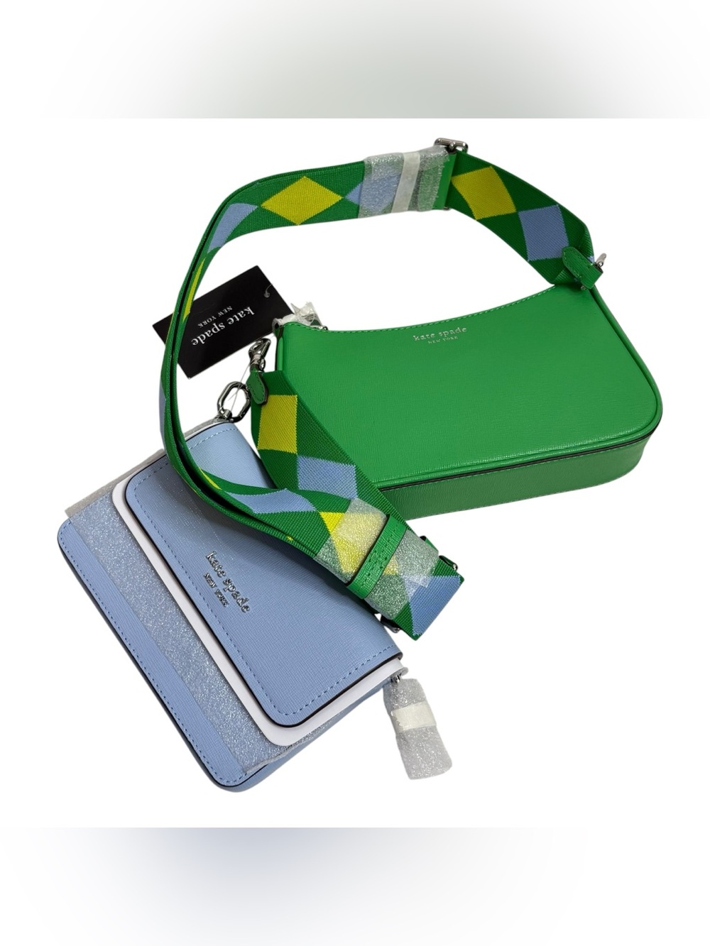 KATE SPADE Double North Star Green Blue Argyle Double Up Crossbody NWT $328